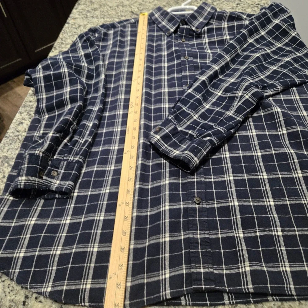 The Foundry Plaid Button Down Mens 3XL Navy Blue Excellent Flannel Shirt Thick